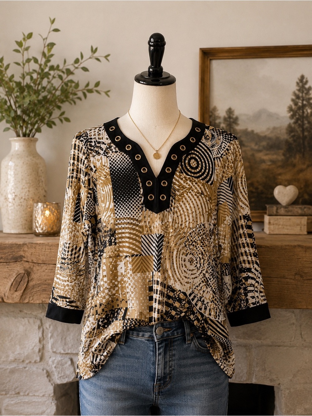 Abstract Print Grommet Neck Blouse Neutral Black Tan Artsy Petite Top